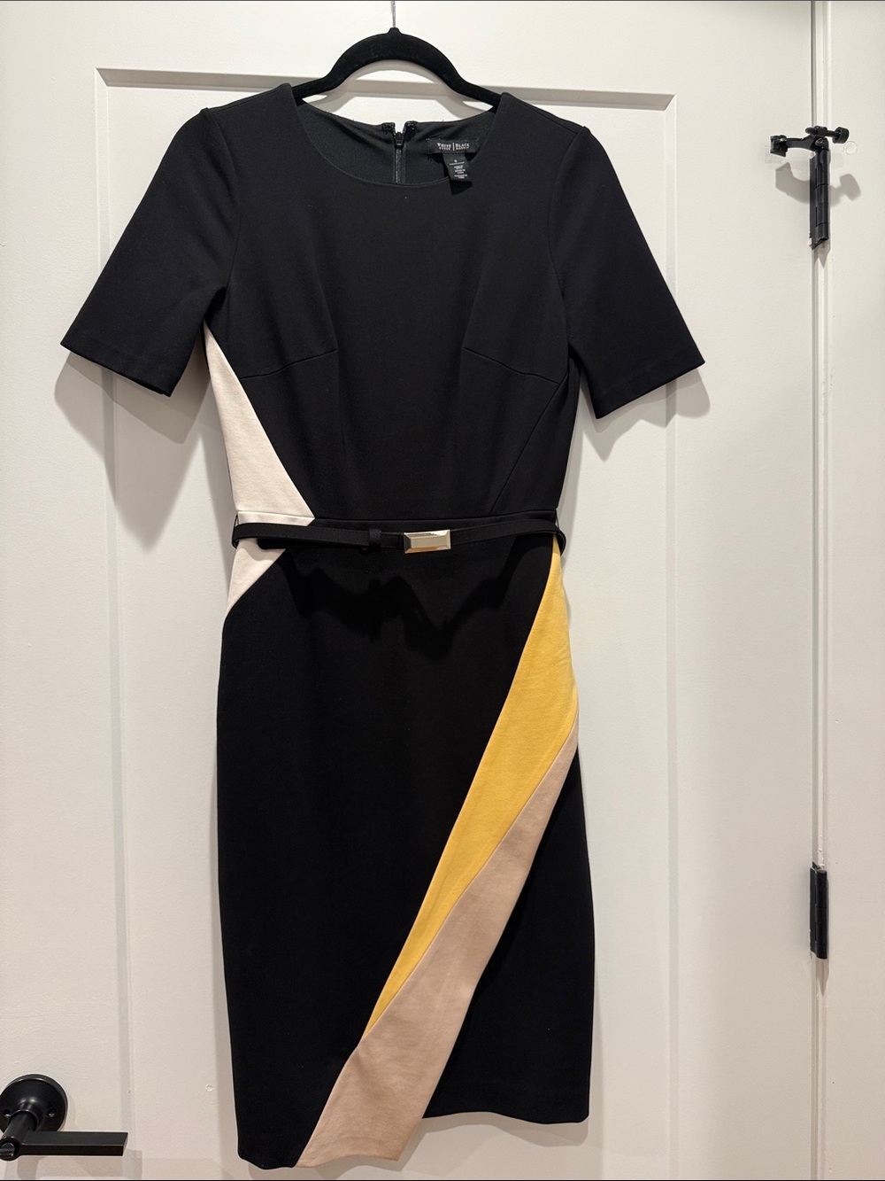 White House Black Market Black Sheath Dress with Cream and Yellow Panels